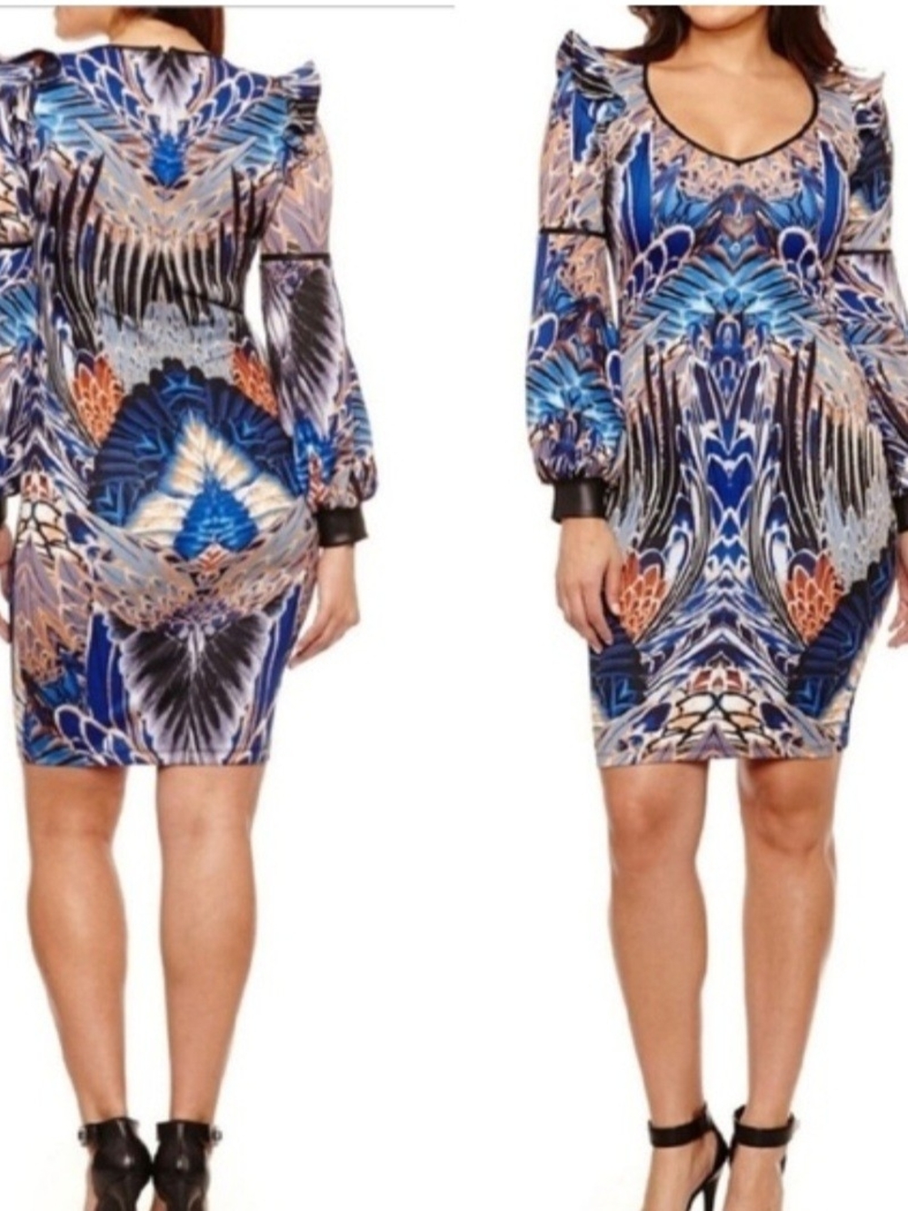 Bisou Bisou Blue Patterned V-Neck Midi Dress with Puff Sleeves